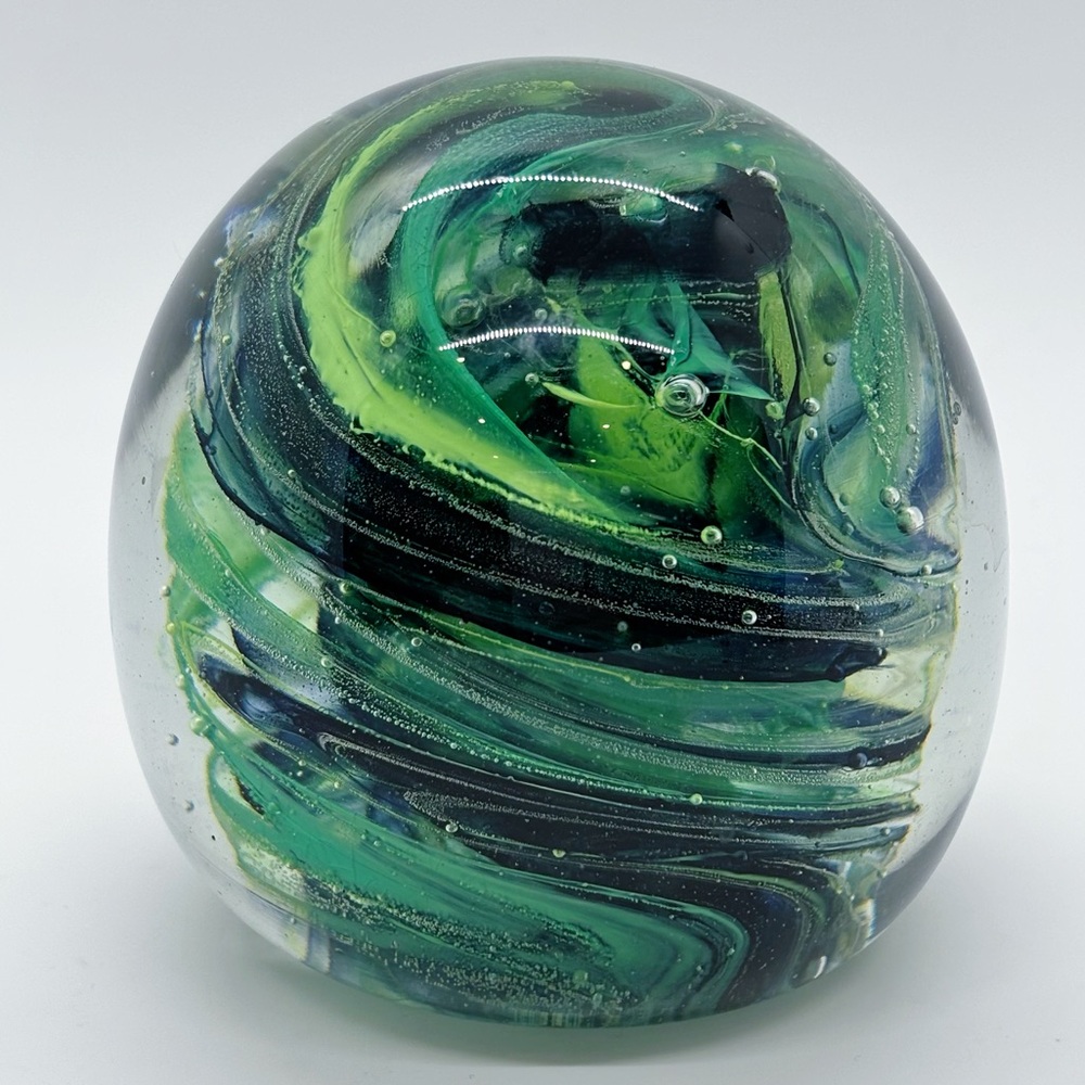 Vintage Kerry Glass Paperweight Green Blown Art Glass Bubbles Swirls Ireland